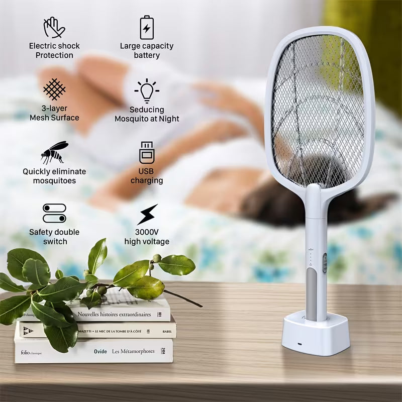 2-In-1, 6-In-1, 1pc Rotating Head Rechargeable Mosquito Swatter with Telescopic Extension Rod, Electric Fly Swatter Racket, Insect Repellent Racket, Indoor Insect And Fly Repellent Device, Insect And Fruit Fly Repellent Device