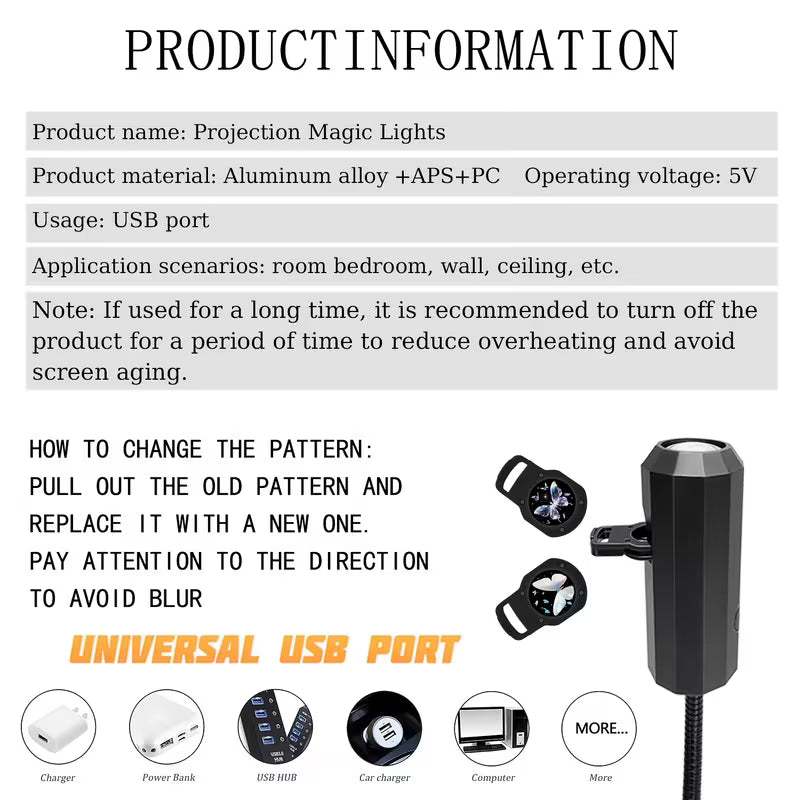 Five Interchangeable Butterfly Pattern Projection Lights, Featuring Eye-Friendly LED Soft Light And USB Power Supply, Are Perfect for Creating a Dreamy Atmosphere for Your Bedroom Or Bedside. They Are Also Portable Gadgets And Home Lighting Fixtures