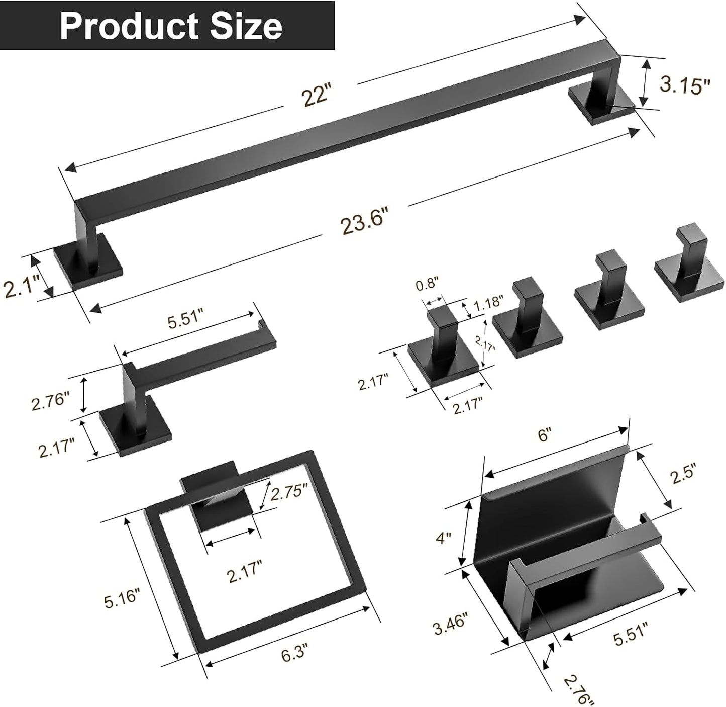 10 Pcs SUS304 Stainless Steel Bathroom Accessories Set, 23.6" Towel Bar, Toilet Paper Holder, Rectangular Towel Ring, Towel Hooks, Minimalist Design for All Styles Bathrooms (Matte Black)