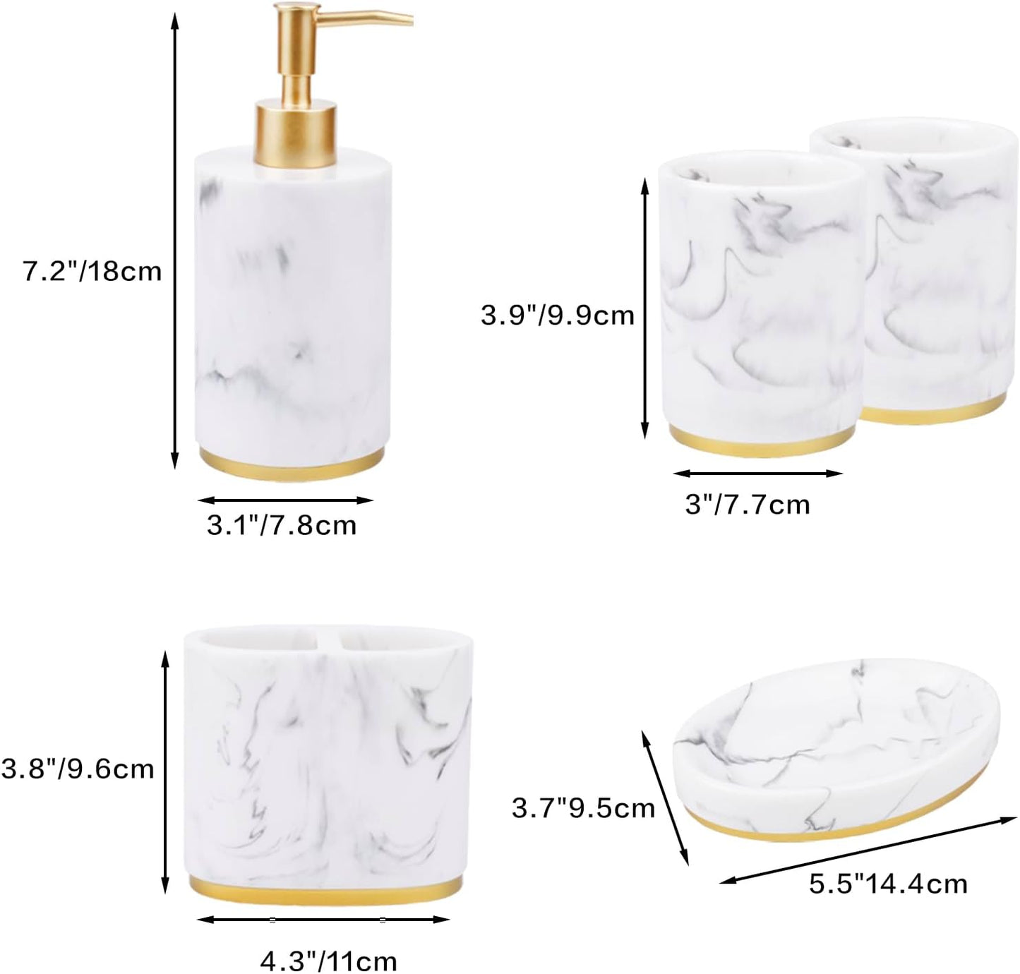 5 Piece Bathroom Accessories Set, Marble Resin Bathroom Set with Soap Dispenser, Toothbrush Holder, Soap Dish and Tumblers, Modern Bathroom Countertop Decor, White with Gold Accents
