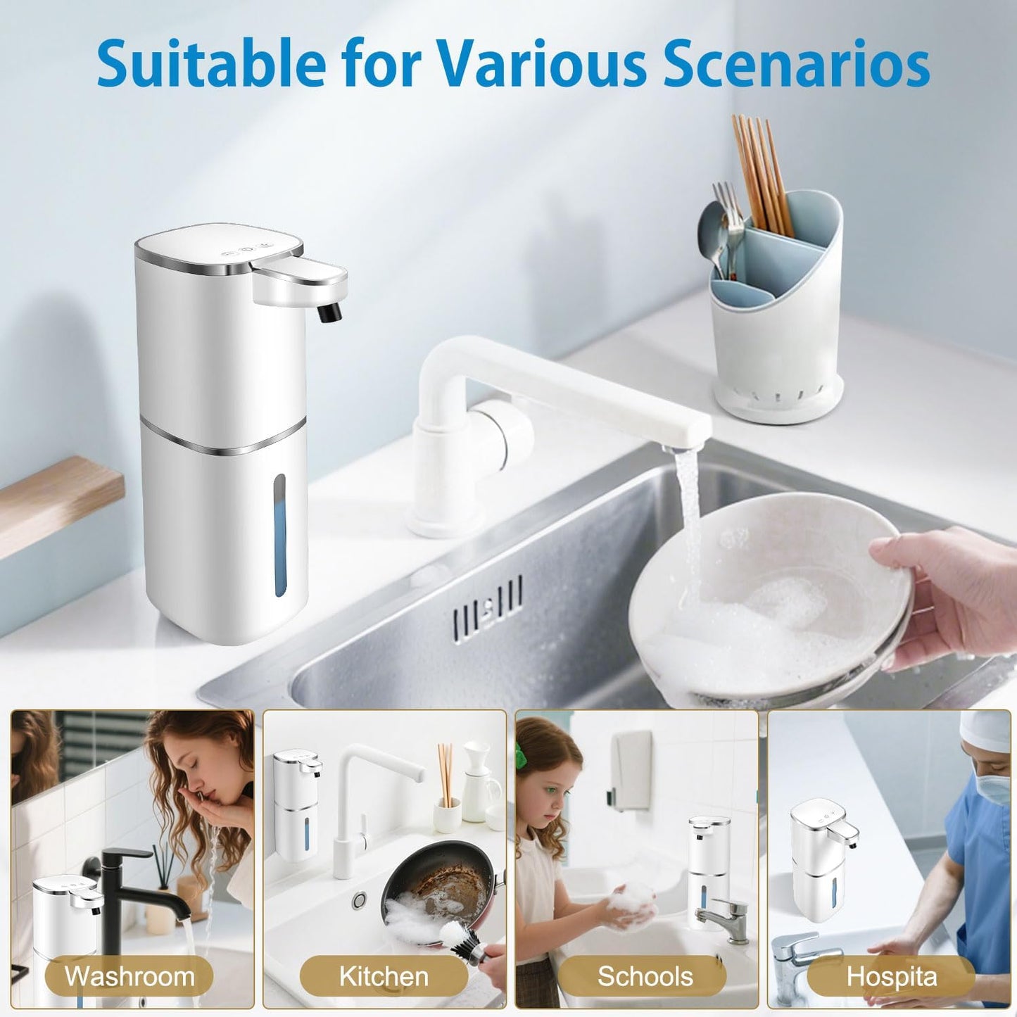 Automatic Liquid Soap Dispenser,Digital Display 9-Level Adjustable Touchless Smart Hand & Dish Soap Dispenser, USB Rechargeable, 13.5oz/400mL Wall Mounted for Bathroom Kitchen, Hotel, Restaurant