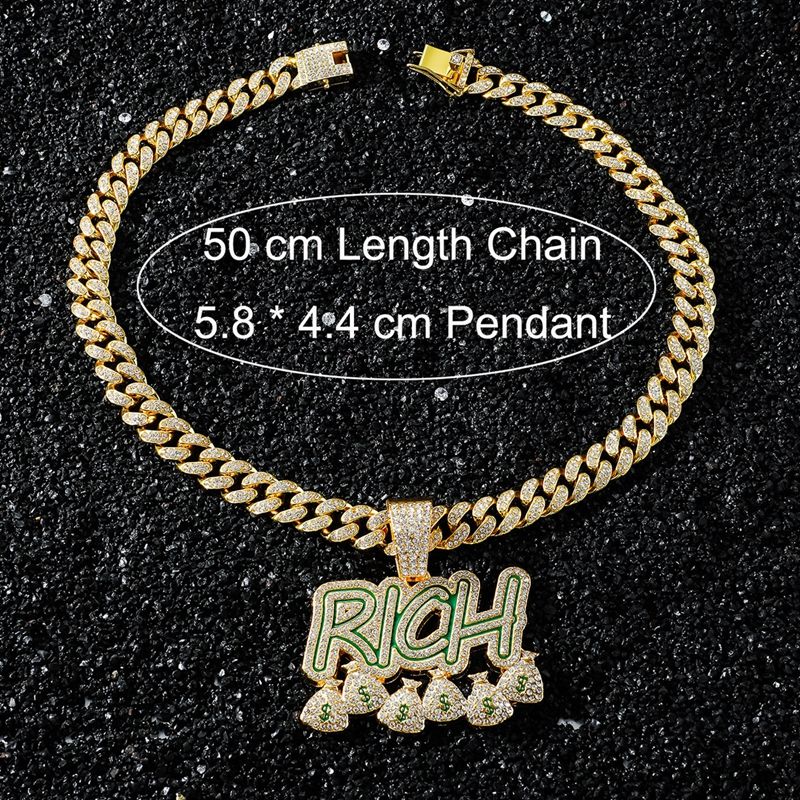 Men’s Hip Hop Rhinestone Letter Rich Dollar Money Bags Pendant Necklace Rock Rapper Jewelry, Gothic Punk Rock Iced Out Gold Lucky Dollar Sign Cuban Link Chain for Men