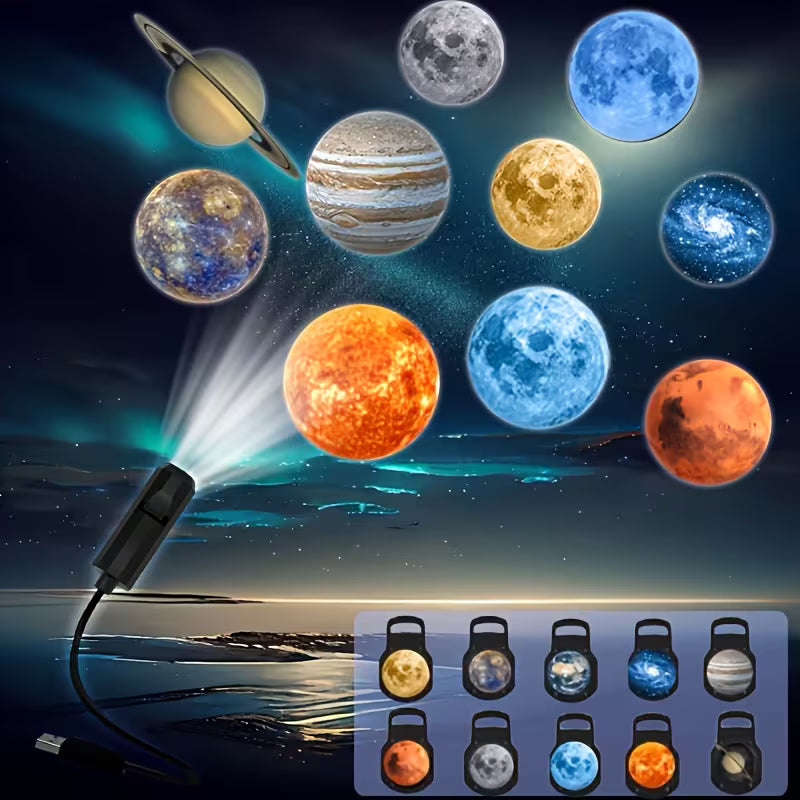 USB LED Planet Projector Lamp, Projects Images of 10/6/3, 360-Degree Rotating Light, Ceiling, Gift, Room Decoration, Photo Backdrop, Projecting Images of Earth, Mars, Jupiter, Mercury, Sun, Saturn, Nebula, Gray, Yellow, Blue, Studio Light