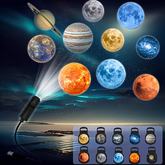 USB LED Planet Projector Lamp, Projects Images of 10/6/3, 360-Degree Rotating Light, Ceiling, Gift, Room Decoration, Photo Backdrop, Projecting Images of Earth, Mars, Jupiter, Mercury, Sun, Saturn, Nebula, Gray, Yellow, Blue, Studio Light