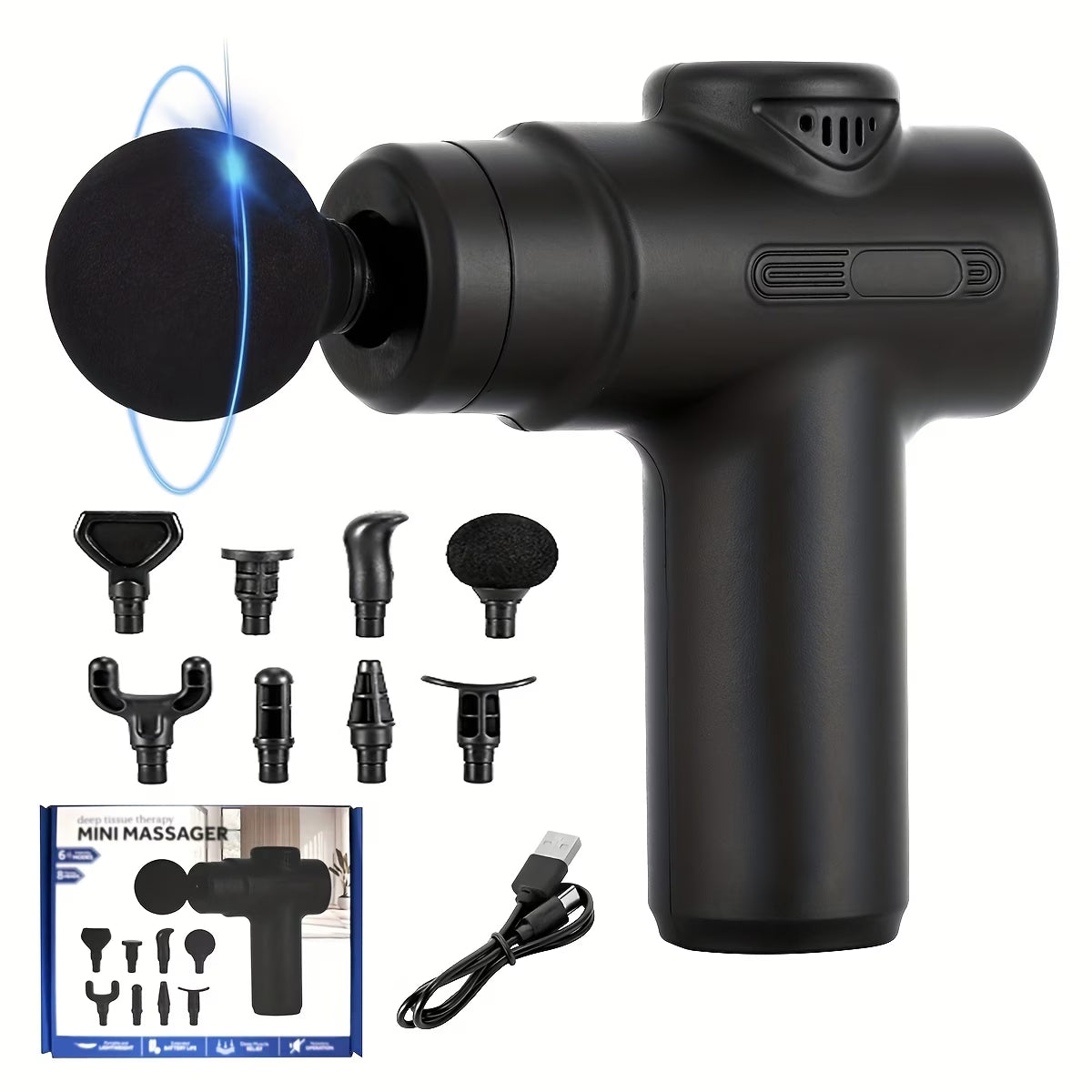 Electric massager, multifunctional portable fascia gun, USB charging port, 6-speed adjustment + 8 replaceable massage heads, suitable for muscle relaxation after exercise and fitness, a Christmas or Halloween gift for family, friends, and classmates