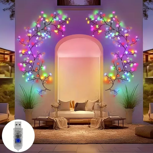 1 set, colorful courtyard desktop decoration willow vine LED light string, 8 lighting modes flashing, USB power supply, RGB wall-mounted Christmas branch light, with button switch, curtains, bedroom, balcony, fence, corridor, porch decoration, 71inch