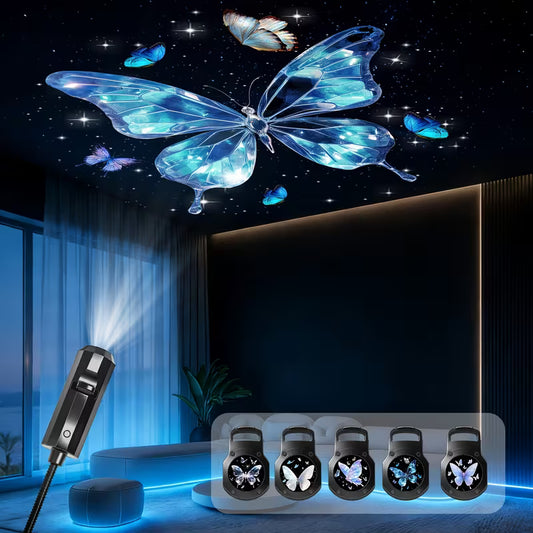 Portable LED Projector Light, Equipped with 5 Replaceable Butterfly Projectors, USB Plug and Play, Suitable for Home Bedroom Ambiance, Bedside Wall Decoration, Holiday Gift, Home Lighting Fixtures.