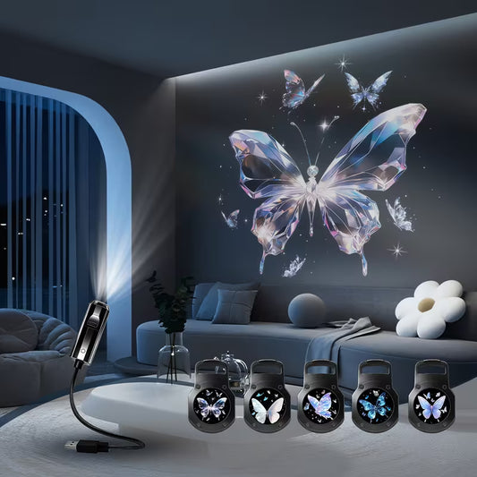 Five Interchangeable Butterfly Pattern Projection Lights, Featuring Eye-Friendly LED Soft Light And USB Power Supply, Are Perfect for Creating a Dreamy Atmosphere for Your Bedroom Or Bedside. They Are Also Portable Gadgets And Home Lighting Fixtures