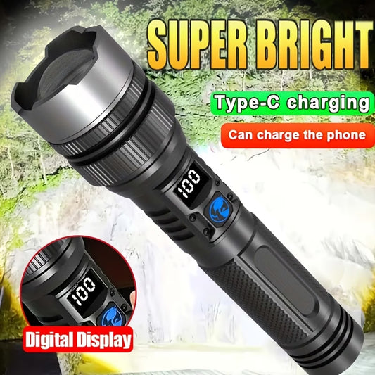 1X Super Bright Rechargeable LED Flashlight - High Intensity Tactical Torch, USB Charging, 3 Modes, 1200Mah Long Lasting Battery Ergonomic Grip Design, Ideal for Camping, Hiking, Outdoor Adventure, Power Outage Emergency, Portable And Durable, IP44