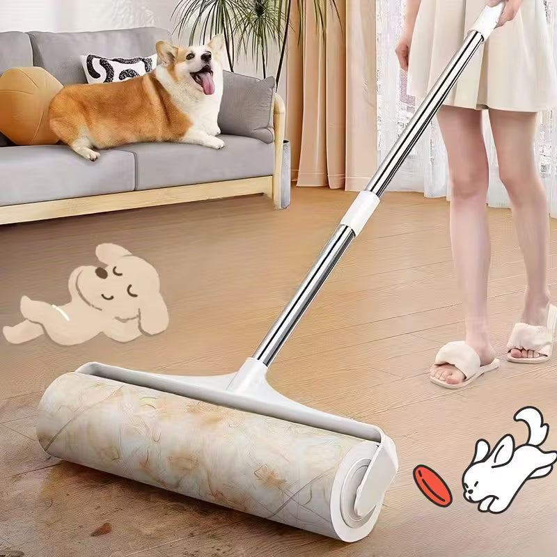 4pcs/set (3 Rolls of Paper+1 Mop Long Handled Hair Remover, Retractable Hair Brush for Clothing, Household Floor Cleaning Tool for Cat Hair, Pet Hair Removal Roller, Sofa Carpet Dust Roller, Cleaning Tool