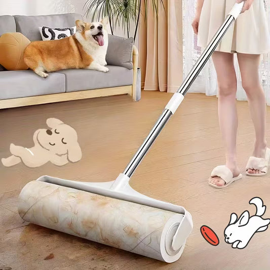 4pcs/set (3 Rolls of Paper+1 Mop Long Handled Hair Remover, Retractable Hair Brush for Clothing, Household Floor Cleaning Tool for Cat Hair, Pet Hair Removal Roller, Sofa Carpet Dust Roller, Cleaning Tool