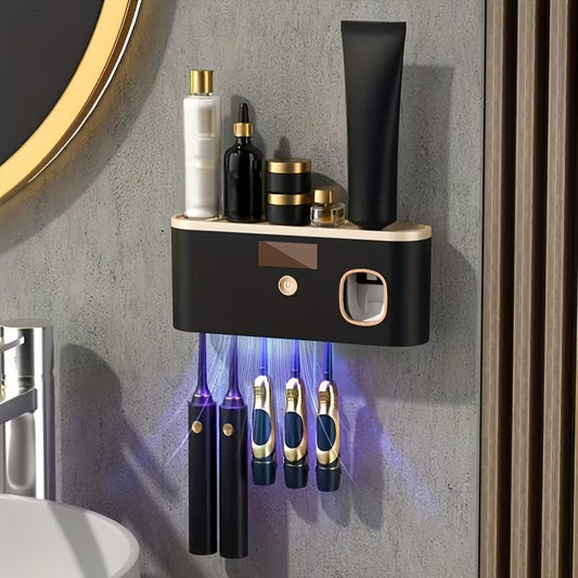 1pc Smart Toothbrush Organizer, Bathroom Toothbrush Display And Storage, with Automatic Toothpaste Dispenser - Wall-Mounted, 5-Slot Storage, Durable Plastic, USB Rechargeable Lithium Battery, Modern Bathroom Organization And Home Decor
