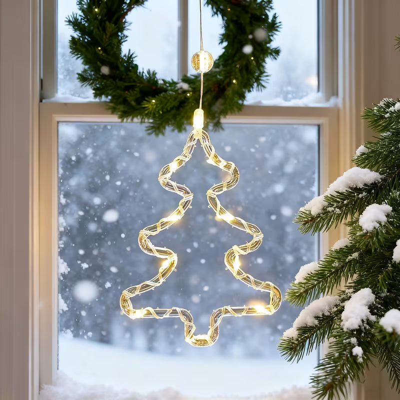 LED Christmas Window Lights Suction Cup Lights Battery Powered Fairy Lights Snowflake Star Christmas Tree Snowman Reindeer Bells Hugging Star Shape Indoor Christmas String Lights