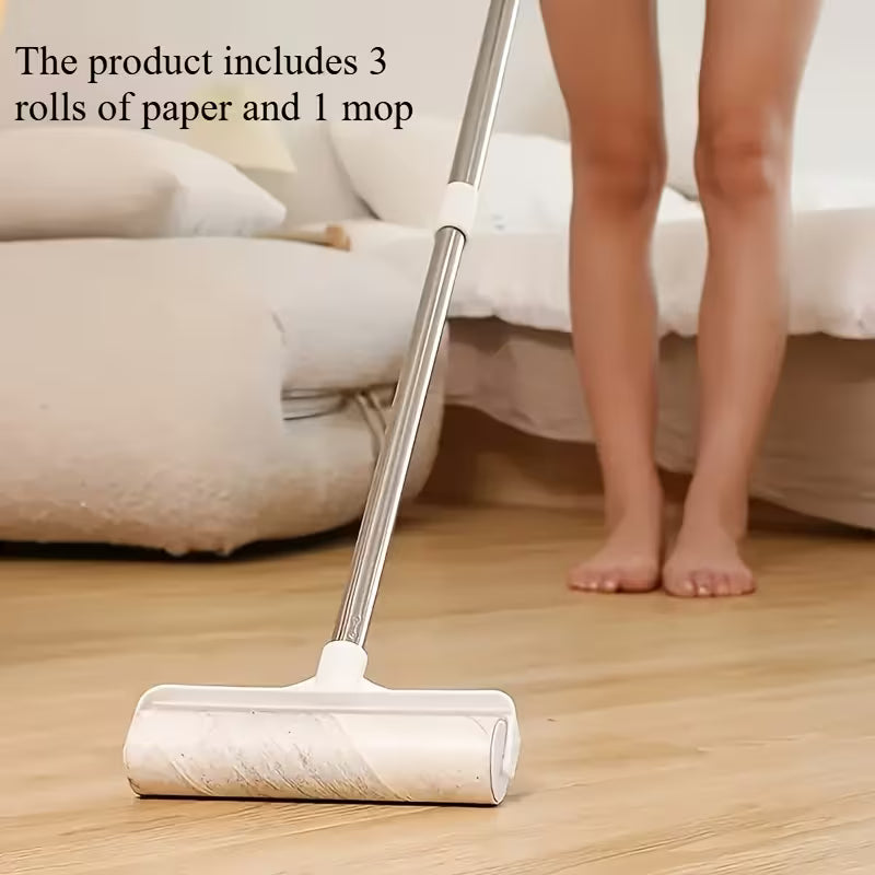4pcs/set (3 Rolls of Paper+1 Mop Long Handled Hair Remover, Retractable Hair Brush for Clothing, Household Floor Cleaning Tool for Cat Hair, Pet Hair Removal Roller, Sofa Carpet Dust Roller, Cleaning Tool
