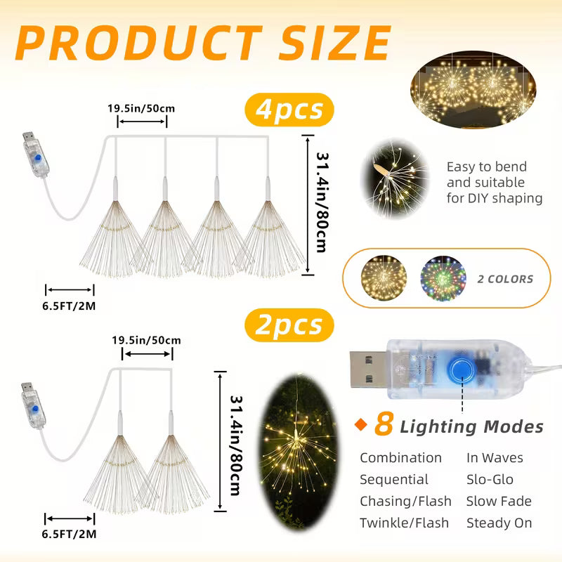 Usb-Powered Fireworks Lights with 8 Modes, Smart Hanging Light Strips, 180/360 LED Starburst Ball String Lights, Perfect for Porches, Patios, Gardens, Indoor And Outdoor Areas, Weddings, And Christmas