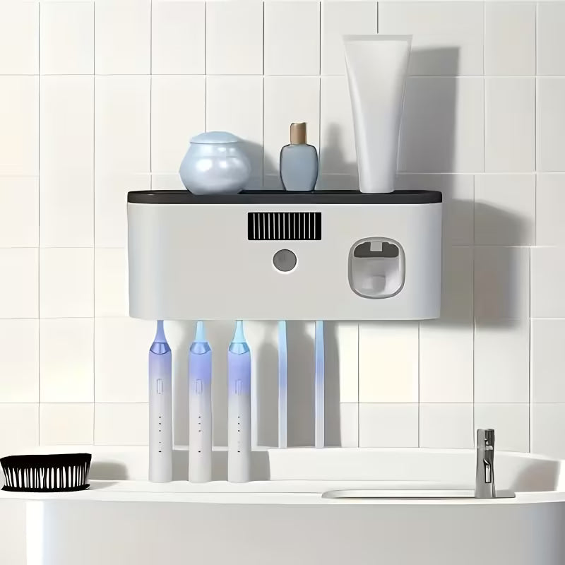 1pc Smart Toothbrush Organizer, Bathroom Toothbrush Display And Storage, with Automatic Toothpaste Dispenser - Wall-Mounted, 5-Slot Storage, Durable Plastic, USB Rechargeable Lithium Battery, Modern Bathroom Organization And Home Decor