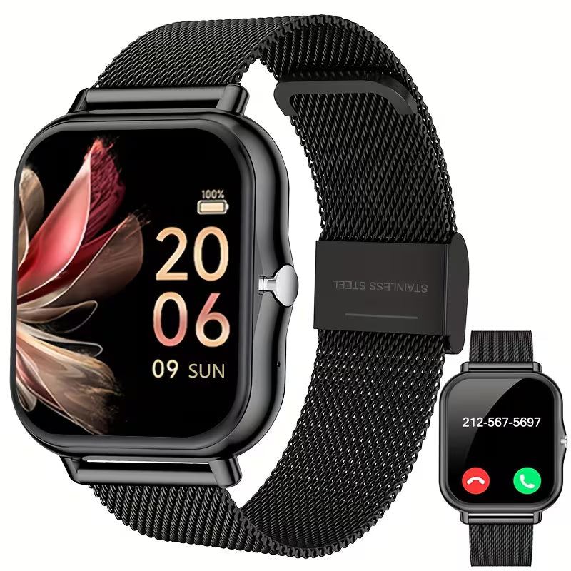 Full Touchscreen Smartwatch for Men and Women, Wireless Bluetooth for Making/answering Calls, 100+ Sports Modes, Weather, Stopwatch, Timer, Alarm Clock, Alloy Case, Stainless Steel Strap, Stylish and Minimalist Design, Compatible with Android