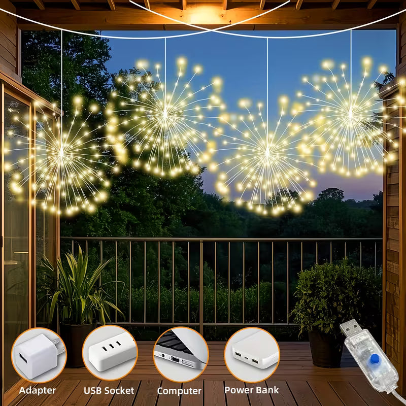 Usb-Powered Fireworks Lights with 8 Modes, Smart Hanging Light Strips, 180/360 LED Starburst Ball String Lights, Perfect for Porches, Patios, Gardens, Indoor And Outdoor Areas, Weddings, And Christmas