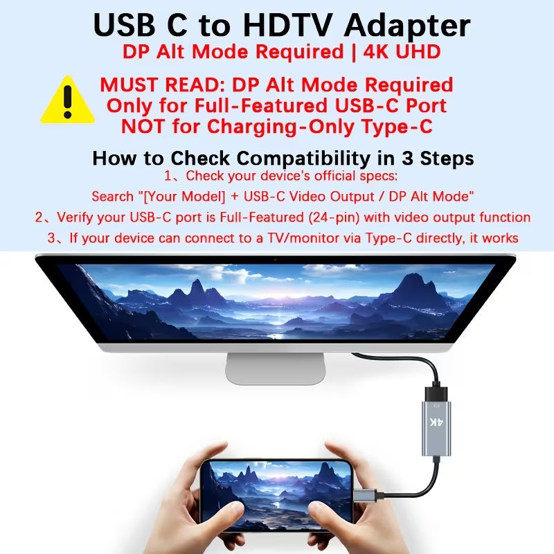 USB-C to HDTV Adapter, 4K@30 High-Definition Adapter Cable, Suitable for Full-Featured Type-C Interfaces with DP Video Output Mode, Not Compatible with Charging-Solely Interfaces, Plug-And-Play Video Converter