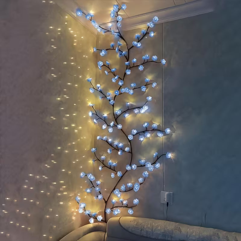 AMill 96-Light USB-Powered Cherry Blossom LED Fairy Lights - 5.9ft Faux Floral Garland with Dimmable Brightness, Warm & Cool Night Light, Plug & Play for Indoor Home Decor, Christmas, Bedroom, Kitchen, Party Decoration (No Batteries/Battery-Free