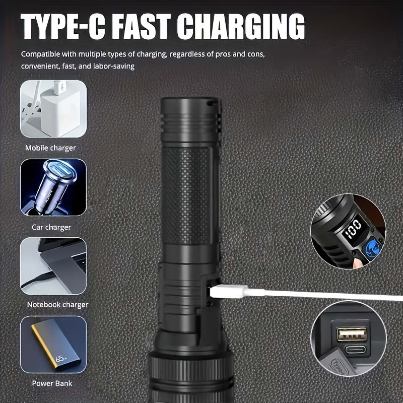 1X Super Bright Rechargeable LED Flashlight - High Intensity Tactical Torch, USB Charging, 3 Modes, 1200Mah Long Lasting Battery Ergonomic Grip Design, Ideal for Camping, Hiking, Outdoor Adventure, Power Outage Emergency, Portable And Durable, IP44