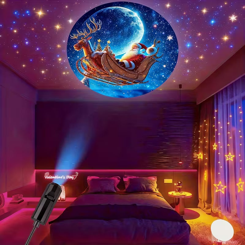 Christmas Projector Light, Santa Claus Sleigh and Reindeer, USB-Powered LED Projection Light, Photo Backdrop Wall Decoration Light, Live Streaming Background, Bedroom Ceiling Decorative Light, Room Night Light, Wedding and Proposal Scene Decoration