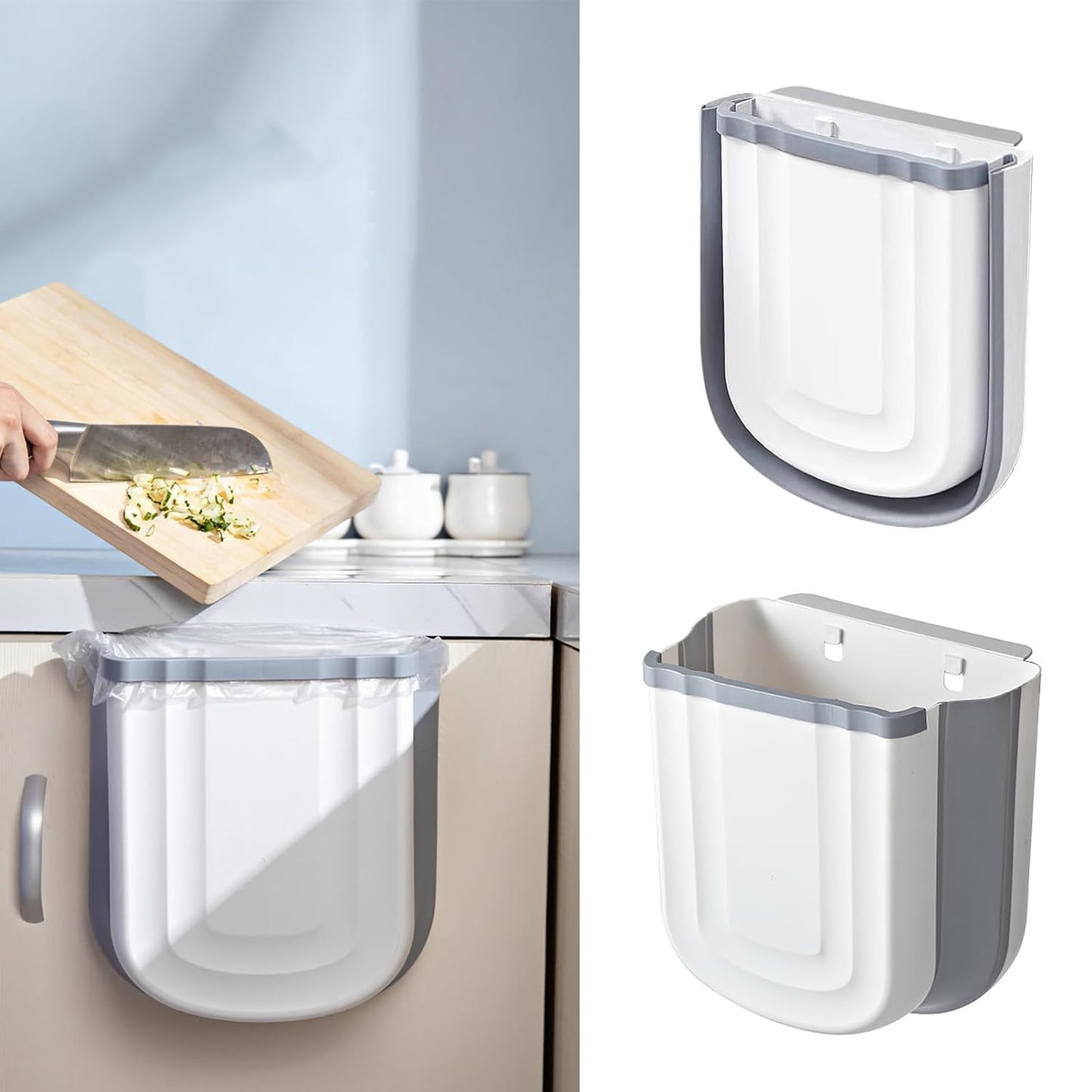 Wall Mounted Foldable Trash Can for Kitchen Cabinet - 2.4 Gallon Hanging Small Waste Bin,Plastic Collapsible Garbage Can for Bathroom, Bedroom Counter (Grey)