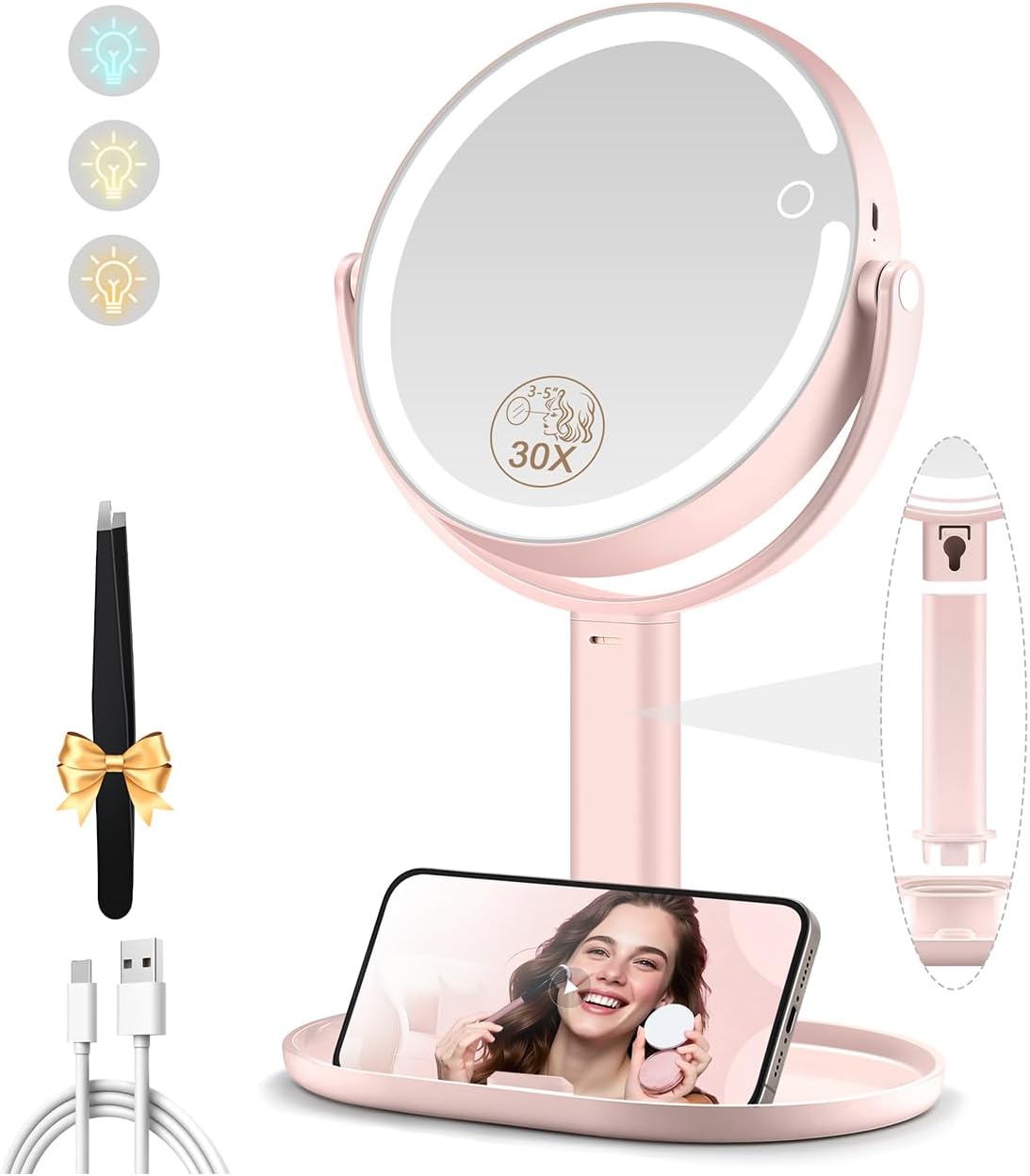 MOMOKUBA Makeup Mirror with Lights, Double Sided 1x/30x Magnifying Mirror with Light, Rechargeable 3 Color Lights and Adjustable Brightness, 360° Rotation Detachable Comes with Tweezer(Pink-30X)