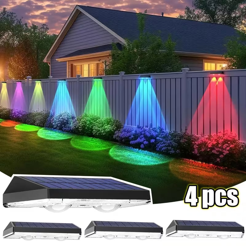 Outdoor Solar Fence Lights, 4 Pack Warm White & Cool White & RGB 7 Color Solar Wall Lights, Solar Deck Lights For Railings, Walls, Deck, Fence Porch Lights, Lights, Street Lights, Patio, House And Garage