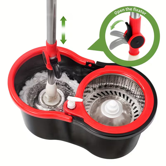 Set of Spin Mop And Bucket with Wringer, Ideal for Bathroom Use, Including a 360° Spinning Mop Bucket System with Three Microfiber Mop Replacement Heads And a 61" Adjustable Stainless Steel Handle for Effective Floor Cleaning