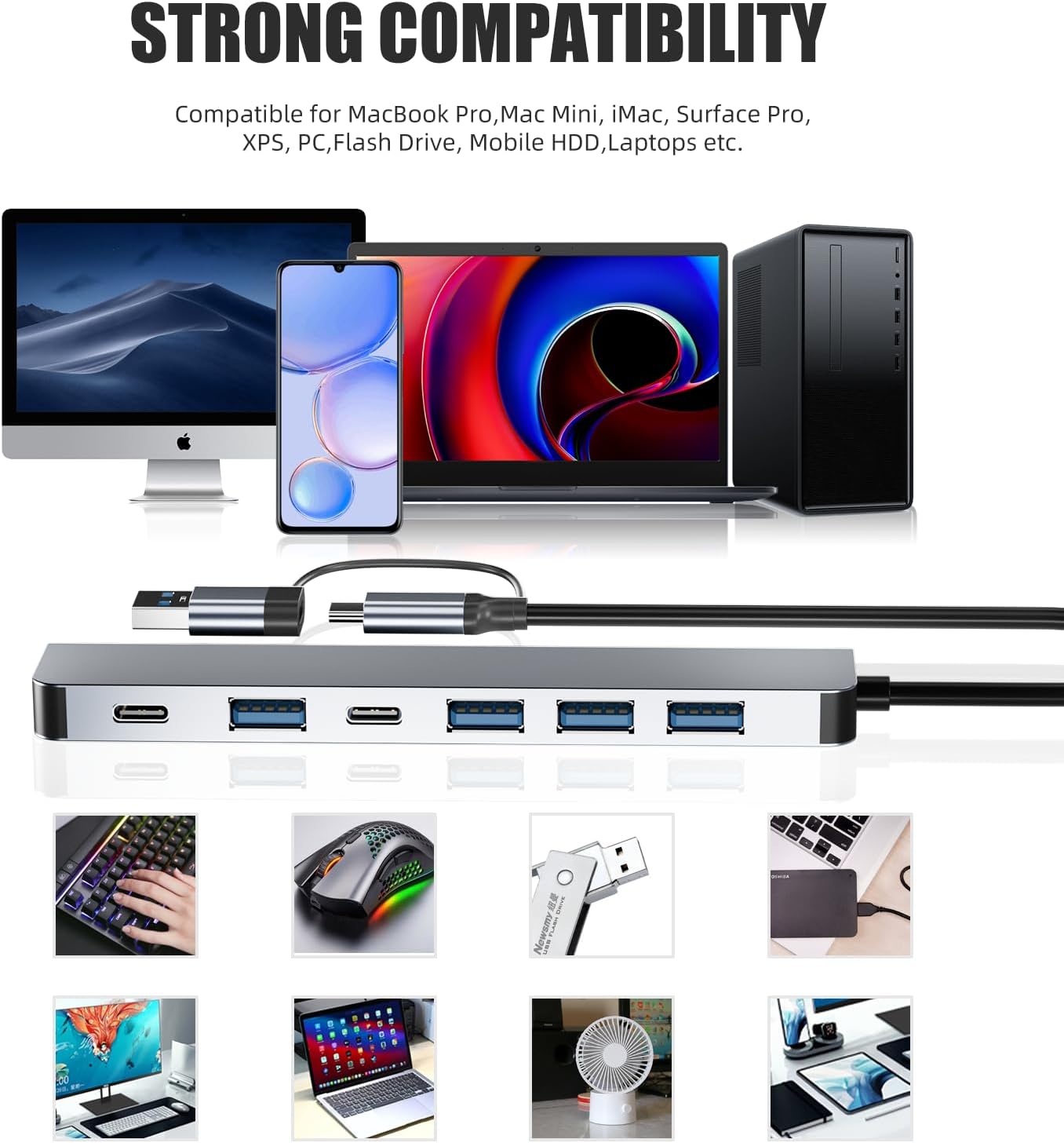USB C/USB Hub, BERLAT Aluminum 7 in 1 USB C & USB Hub with USB 3.0, USB 2.0 Ports for PC/Laptops/MacBook Pro/Air/iMac/iPad and More Devices
