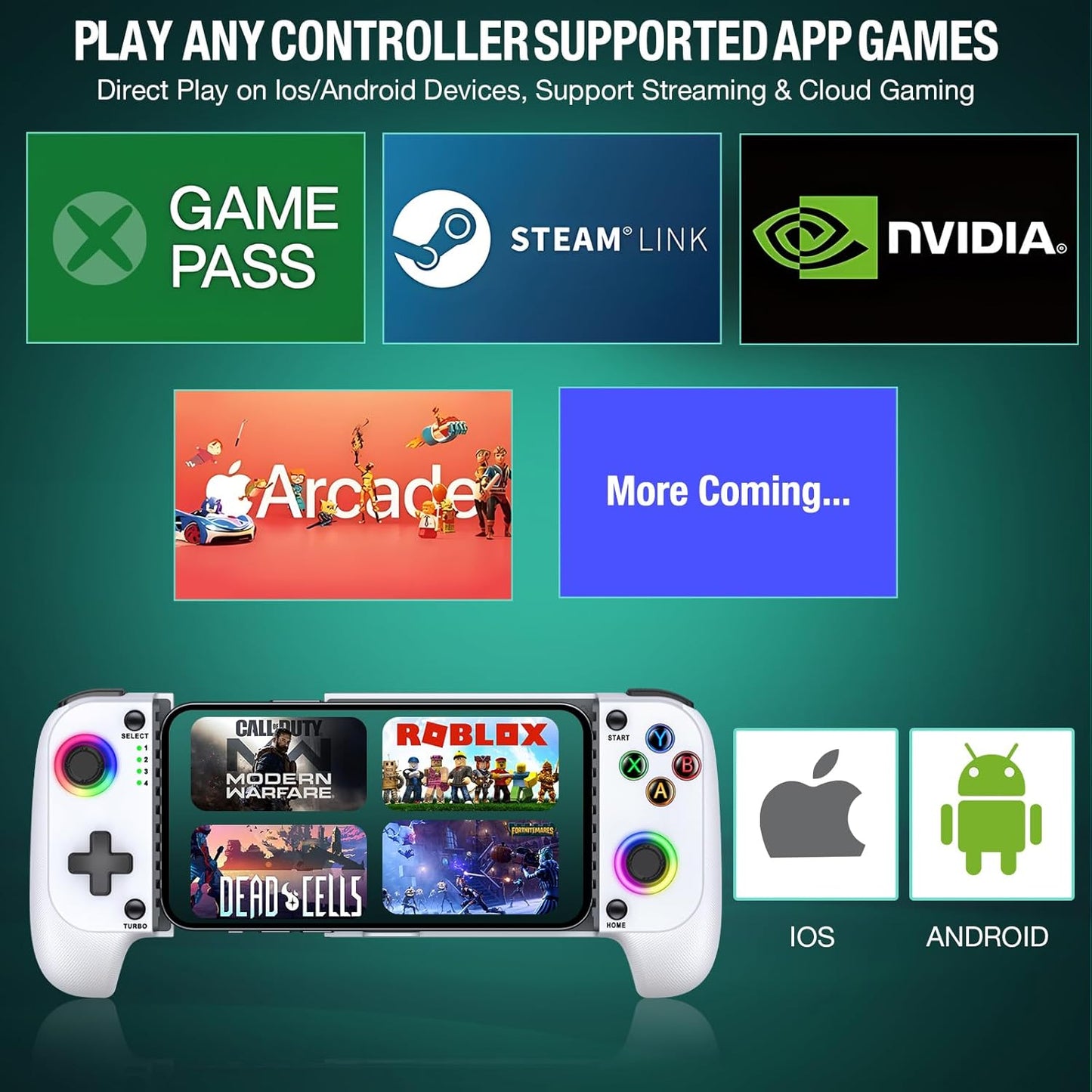 【Anti-Drift & Fast-Connect】Wireless Game Controller for iPhone/Android | Hall Joysticks Bluetooth Phone Controller, For Cloud Gaming, Genshin Impact, PUBG, Roblox, Call of Duty Mobile Gamers,White