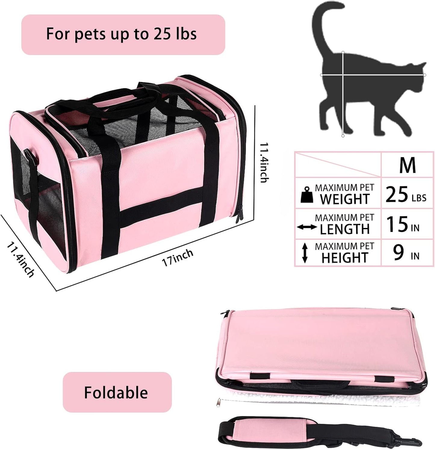 Cat Carrying Case - Pet Carrier Airline Approved, Protable and Breathable Pet Travel Carrier Removable Fleece Pad, Collapsible Cat Carrier Dog Carrier for Medium Cats Small Cats Dogs (Small, Pink