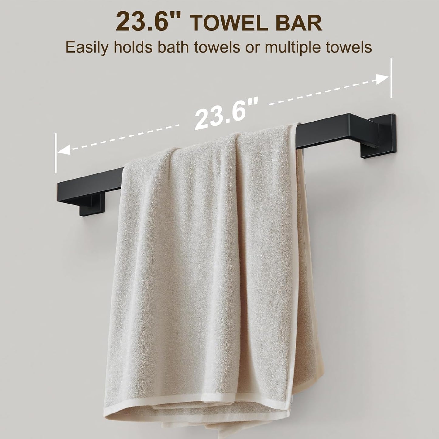 10 Pcs SUS304 Stainless Steel Bathroom Accessories Set, 23.6" Towel Bar, Toilet Paper Holder, Rectangular Towel Ring, Towel Hooks, Minimalist Design for All Styles Bathrooms (Matte Black)
