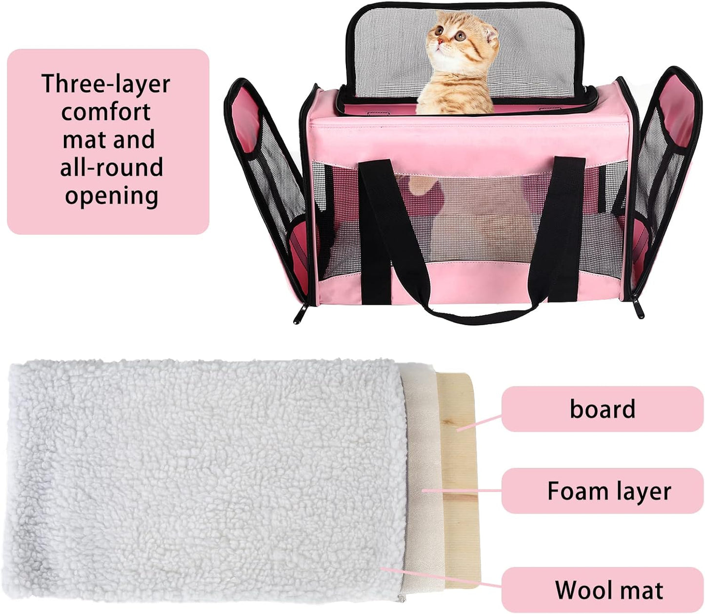 Cat Carrying Case - Pet Carrier Airline Approved, Protable and Breathable Pet Travel Carrier Removable Fleece Pad, Collapsible Cat Carrier Dog Carrier for Medium Cats Small Cats Dogs (Small, Pink