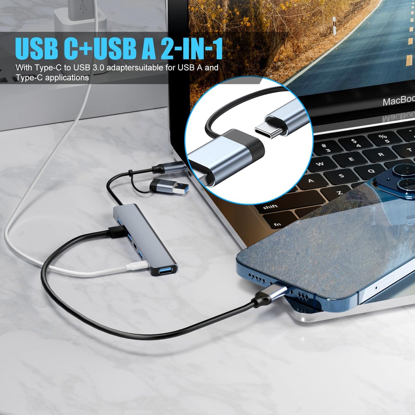 USB C/USB Hub, BERLAT Aluminum 7 in 1 USB C & USB Hub with USB 3.0, USB 2.0 Ports for PC/Laptops/MacBook Pro/Air/iMac/iPad and More Devices