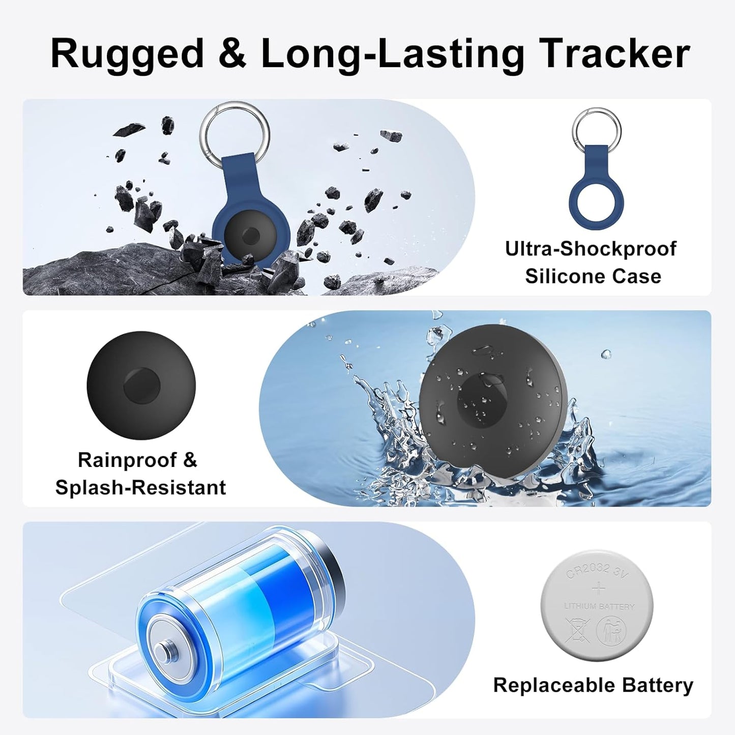 Air Tracker Work with Apple Find My App (iOS Only), 4-Pack Bluetooth + UWB Smart Tag, Include 2pcs Extra Replaceable 2032 Batteries, Silicone Case, Item Locator Finder for Keys Vehicles Luggage Bags