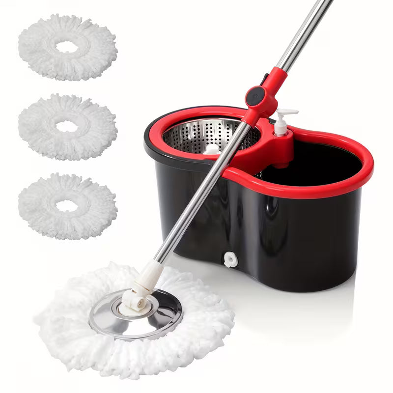 Set of Spin Mop And Bucket with Wringer, Ideal for Bathroom Use, Including a 360° Spinning Mop Bucket System with Three Microfiber Mop Replacement Heads And a 61" Adjustable Stainless Steel Handle for Effective Floor Cleaning