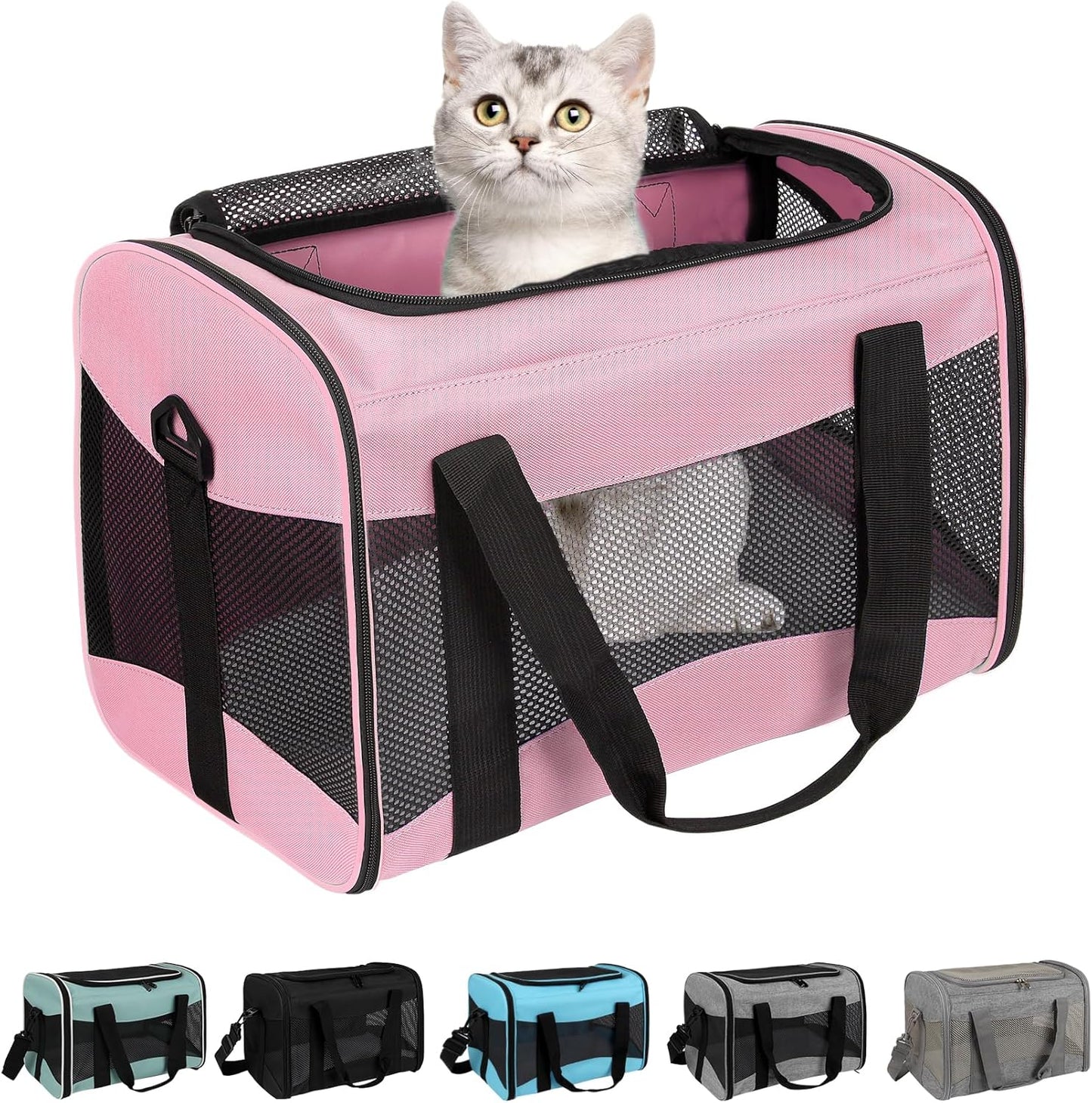 Cat Carrying Case - Pet Carrier Airline Approved, Protable and Breathable Pet Travel Carrier Removable Fleece Pad, Collapsible Cat Carrier Dog Carrier for Medium Cats Small Cats Dogs (Small, Pink