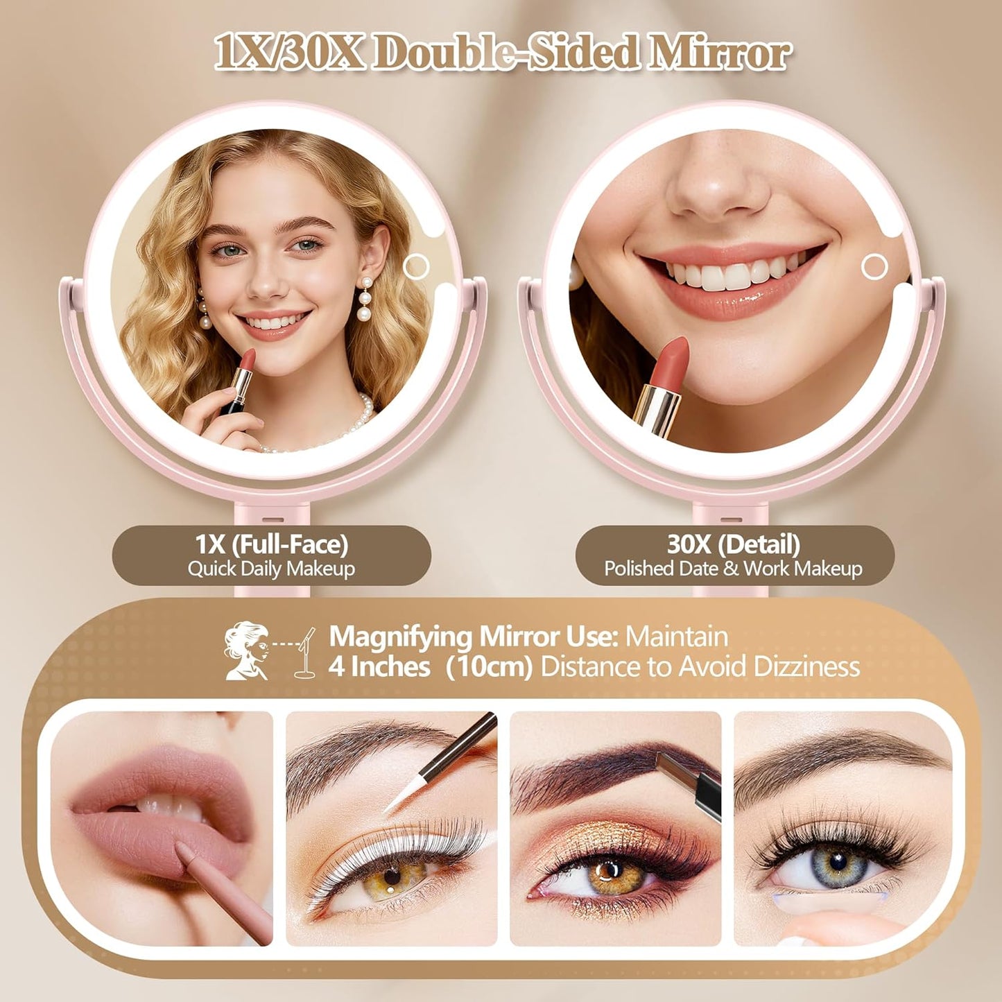 MOMOKUBA Makeup Mirror with Lights, Double Sided 1x/30x Magnifying Mirror with Light, Rechargeable 3 Color Lights and Adjustable Brightness, 360° Rotation Detachable Comes with Tweezer(Pink-30X)