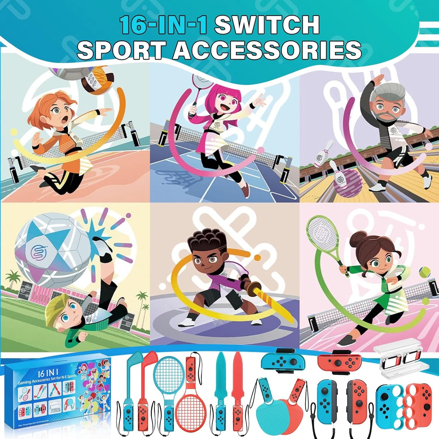 BRHE Nintendo Switch Sports Accessories 16 in 1 Nintendo Sports Bundle for Switch Sports Games,Family Accessories Kit for Switch/OLED Sports Games