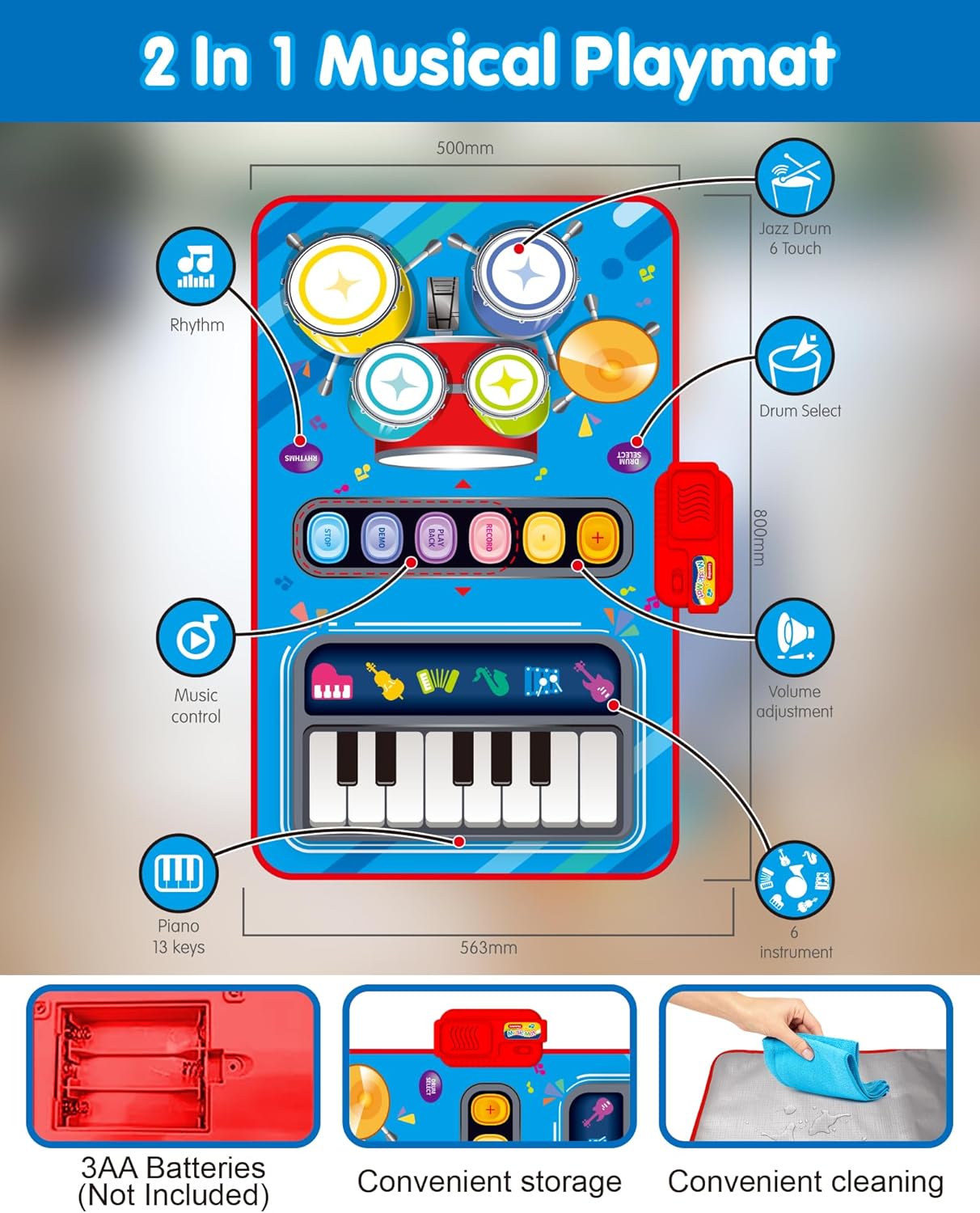 DQMOON Toys for 1 Year Old Boy Gifts, Baby Musical Mat with Piano & Drum, Adjustable Volume, 12-18 Months Toddler Toys, Christmas Birthday Easter Gifts for 1-2 Year Olds Boys Girls (Blue)