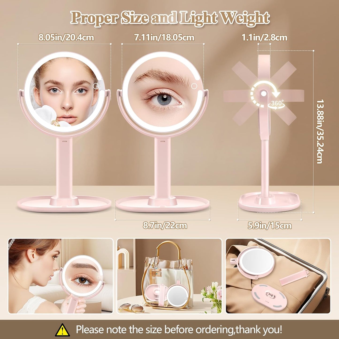 MOMOKUBA Makeup Mirror with Lights, Double Sided 1x/30x Magnifying Mirror with Light, Rechargeable 3 Color Lights and Adjustable Brightness, 360° Rotation Detachable Comes with Tweezer(Pink-30X)