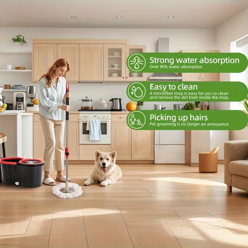 Set of Spin Mop And Bucket with Wringer, Ideal for Bathroom Use, Including a 360° Spinning Mop Bucket System with Three Microfiber Mop Replacement Heads And a 61" Adjustable Stainless Steel Handle for Effective Floor Cleaning