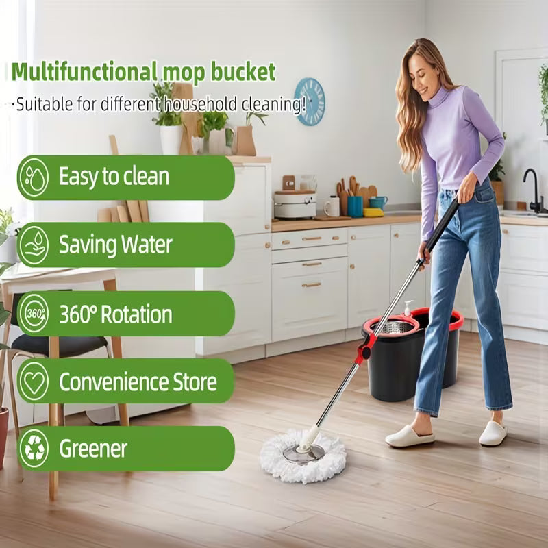 Set of Spin Mop And Bucket with Wringer, Ideal for Bathroom Use, Including a 360° Spinning Mop Bucket System with Three Microfiber Mop Replacement Heads And a 61" Adjustable Stainless Steel Handle for Effective Floor Cleaning